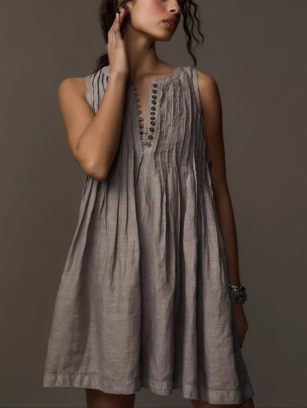 Anthropologie Linen Pleated Sleveless Mini Dress Size XS Raw Hem Gray Sold Out